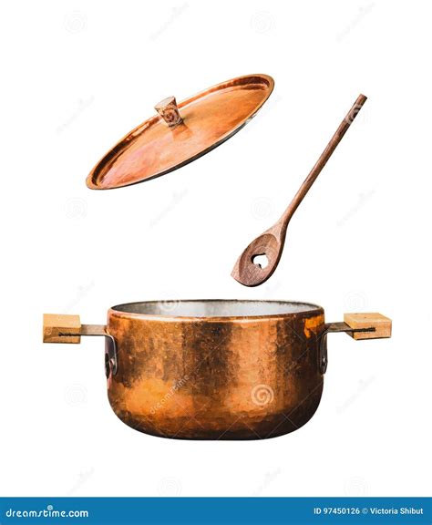 Copper Cooking Pot with Flying Open Lid and Wooden Spoon, Isolated on ...