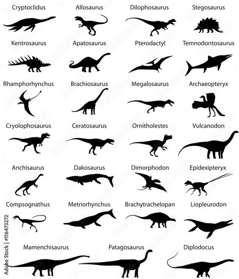 Collection of silhouettes animals of jurassic period of mesozoic era ...