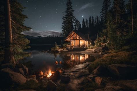 Premium Photo | A cabin by the lake at night with a lit up log cabin in the background.