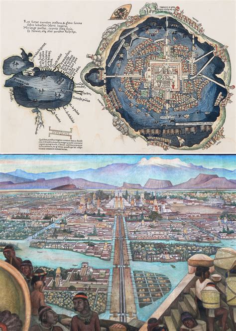 First European map of Tenochtitlan, capital of the Aztec Empire, made in 1524, and a mural of ...