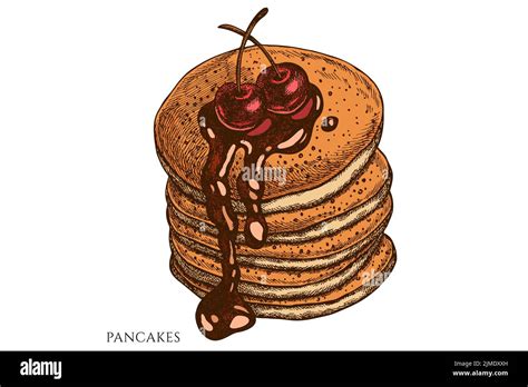 Breakfast hand drawn vector illustrations collection. Colored pancakes ...