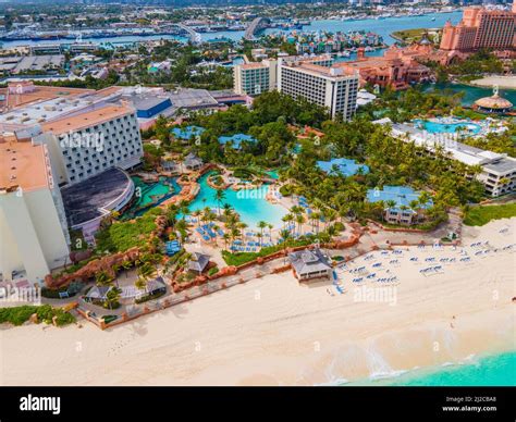 The Coral Hotel at Atlantis Resort aerial view with Nassau downtown at ...