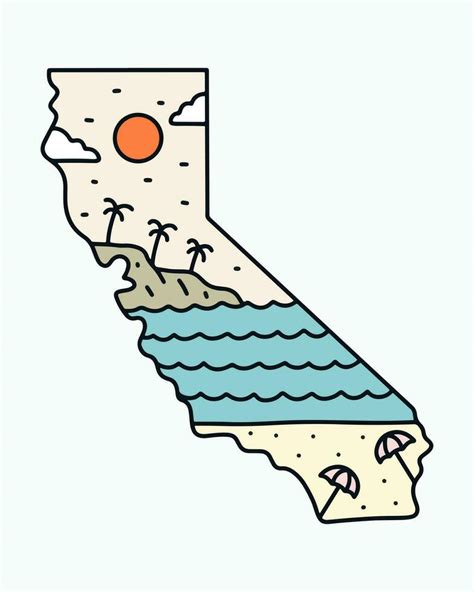 California map with summer beach design inside monoline illustration ...