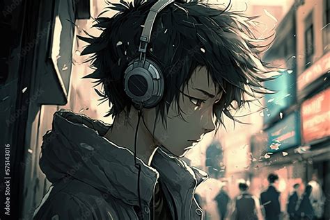 Anime guy with headphones on city street. AI generated image. Stock ...