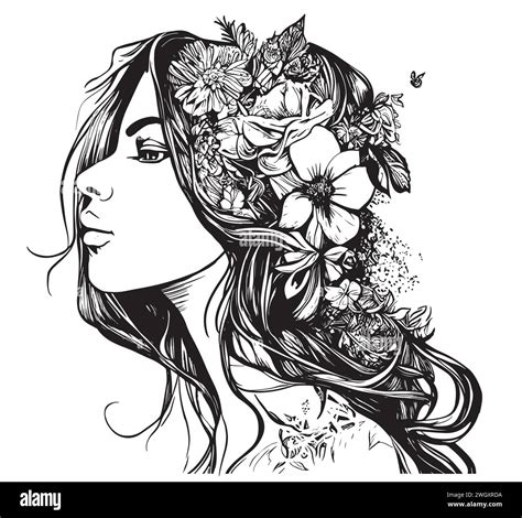 Doodle girl with flowers in her hair. Women portrait for adult coloring book. Vector ...