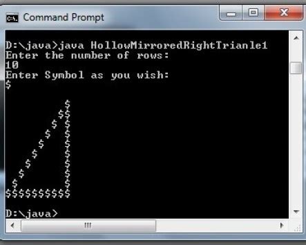 Hollow Mirrored Right Triangle Star Pattern in Java - Code for Java c