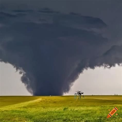 Massive mile-wide ef5 wedge tornado on the plains with dark sky on Craiyon