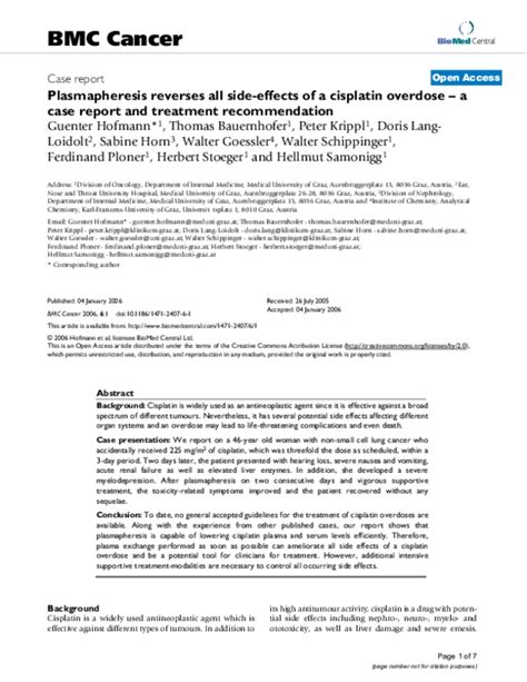 (PDF) Plasmapheresis reverses all side-effects of a cisplatin overdose--a case report and ...