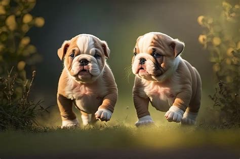 Premium Photo | Two english bulldog puppies play in the park