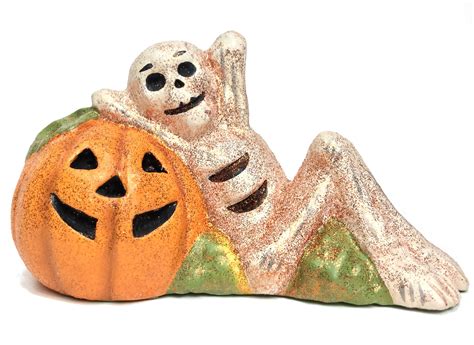 Waiting for Halloween | Skeleton Relaxing with Pumpkin | Teena Flanner - TheHolidayBarn.com