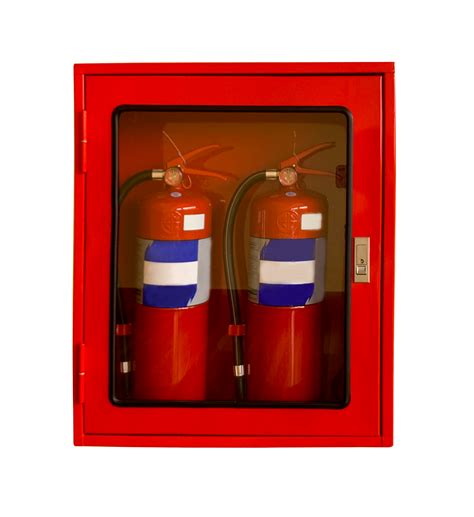 Two wall-mounted fire extinguishers in an easily accessible case. Installed on the wall of an ...