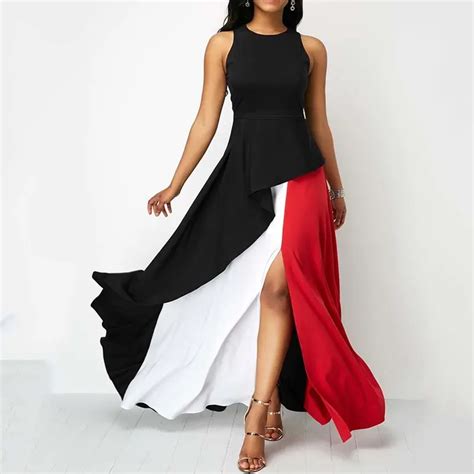 Women Summer Party Black Red White Maxi Dress Elegant Evening Sexy Ruffle Sleeveless Fashion ...