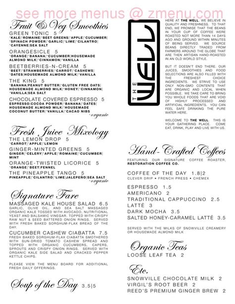 Menu at The Well cafe, Lancaster