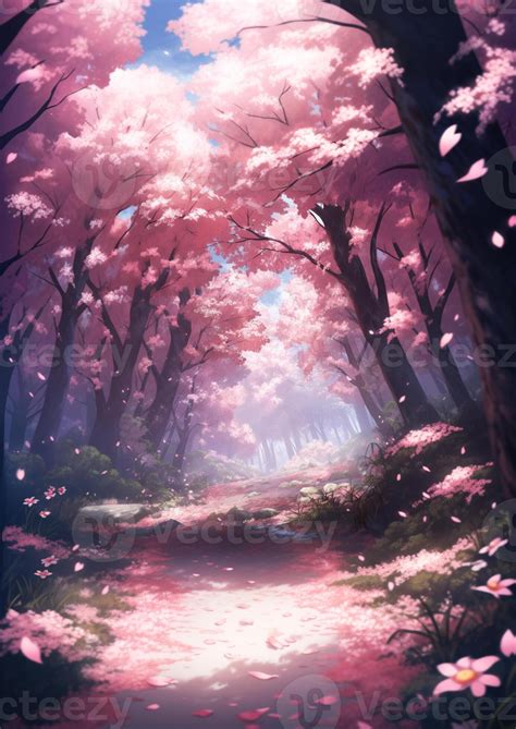 anime scenery of a path in a forest with pink flowers. generative ai ...