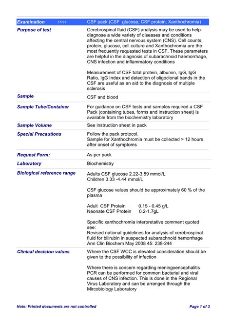 (CSF Glucose, CSF Protein, Xanthochromia) Purpose of Test - DocsLib