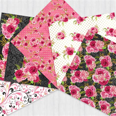 Roses Scrapbook Paper Hot Pink Black Gold Paper Pack - Etsy