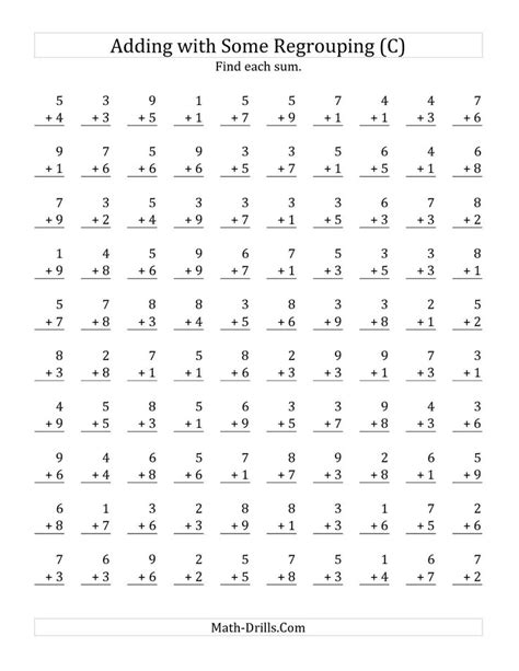 The 100 Single-Digit Addition Questions with Some Regrouping (C) math ...