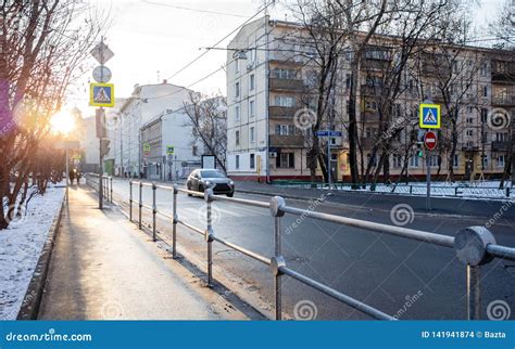 Moscow Street at Winter Time in December. View To the Road among the ...