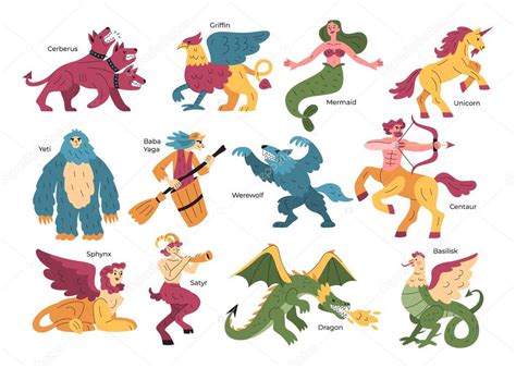 Mythical creatures flat set of isolated icons with fairy tale ...