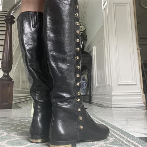 michael kors mk black tall leather boots with gold... - Depop