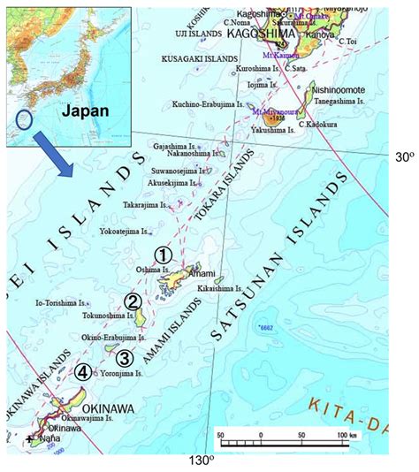 Map locations of the four Amami islands (1: Amami-Oshima; 2 ...