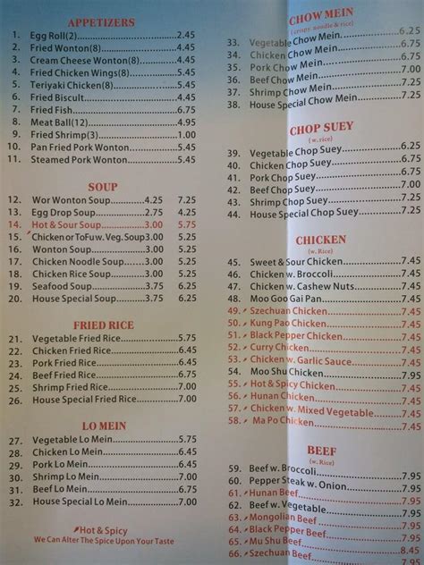 Menu at Asian Buffet restaurant, Raton