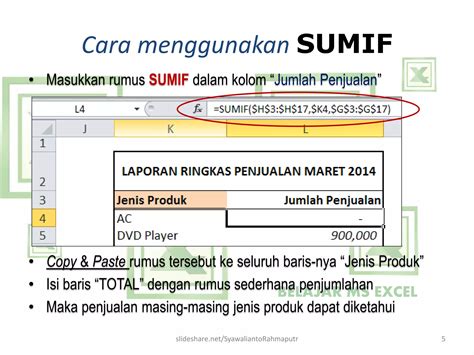 Belajar MS Excel - Rumus Sumif (penjumlahan pintar, memilih data berdasarkan kriteria) | PPT