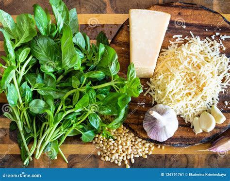 Various Ingredients for Pesto Sauce on Board Stock Image - Image of meal, grated: 126791761