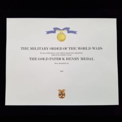 Patrick Henry Medals, Certificates & Plaques - Military Order of the ...