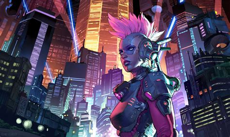 Download Pink Hair Futuristic Building City Cyborg Sci Fi Cyberpunk Sci Fi City Futuristic City ...