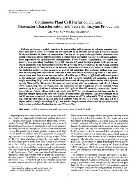 (PDF) Continuous Plant Cell Perfusion Culture Bioreactor Characterized ...