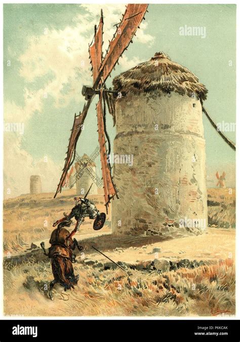 Don Quijote de la Mancha luchando contra los molinos de viento. Dibujo ...