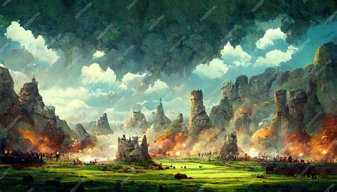 Premium Photo | Epic medieval battle in the mountains concept art illustration