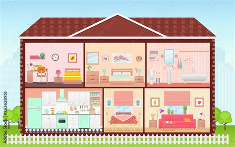 Vecteur Stock House inside, room interior. Vector. Cartoon house cross ...