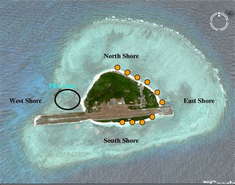 Map of Pag-asa Island showing the north, south, east, and west shores ...