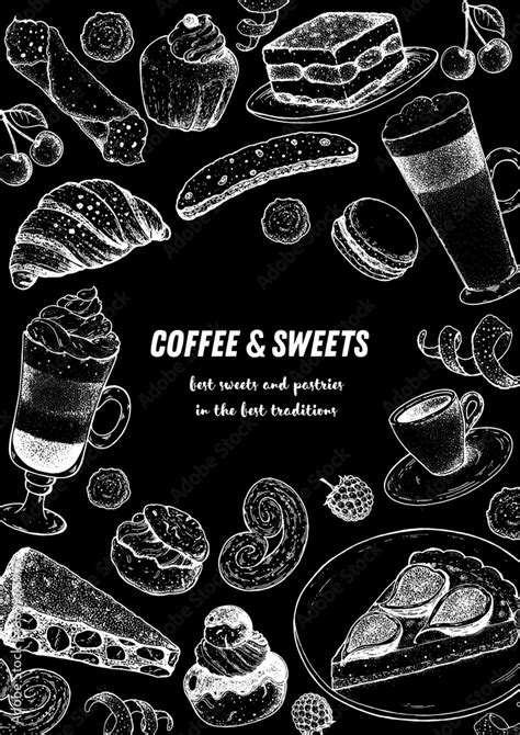 Coffee shop menu design. Hand drawn sketch illustration. Coffee and desserts. Cafe menu elements ...
