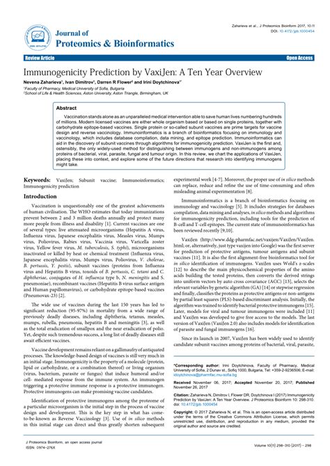 (PDF) Immunogenicity Prediction by VaxiJen: A Ten Year Overview