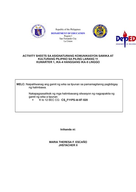 Kohesyong Gramatikal (4-5 linggo) - Republic of the Philippines DEPARTMENT OF EDUCATION Region I ...