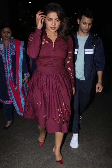 Priyanka Chopra wears a maroon shirt + skirt set to promote The Sky Is Pink | VOGUE India