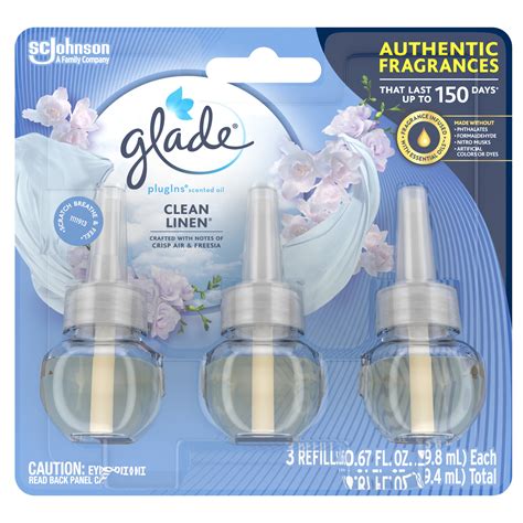 Glade PlugIns Scented Oil Refill Clean Linen, Essential Oil Infused Wall Plug In, 2.01 fl oz (3 ...