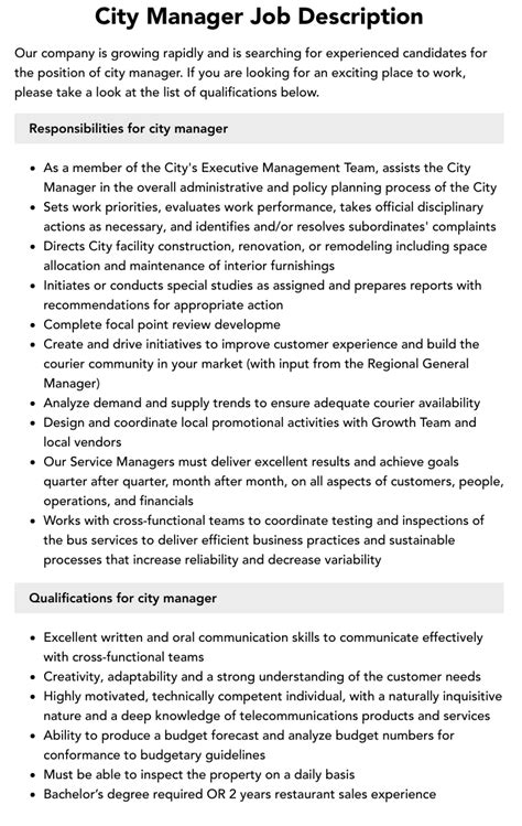 City Manager Job Description | Velvet Jobs