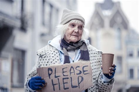 Homeless Aged Woman Asking People for Money Stock Photo - Image of ...