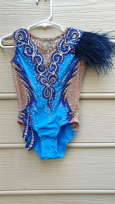 Blue feathery shoulder rhythmic gymnastics leotard | Champion Leotards