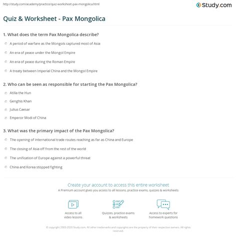 Quiz & Worksheet - Pax Mongolica | Study.com