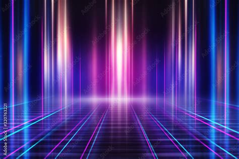 Abstract dark background with blue and pink neon glow. Neon light lines. Show empty stage ...