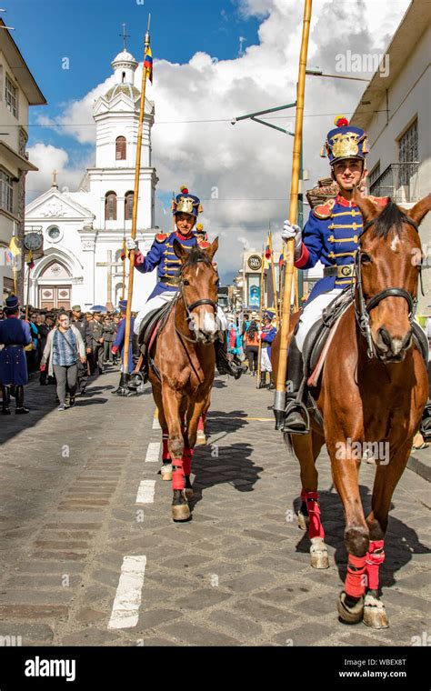 Cuenca, Ecuador Dec 24, 2017 - Military honor guard in historic uniforms march on horseback in ...