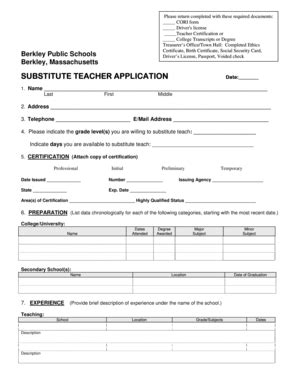 Fillable Online SUBSTITUTE TEACHER APPLICATION - Berkley Public Schools Fax Email Print - pdfFiller