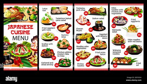 Japanese cuisine restaurant food menu, Japan meals and dishes, vector. Traditional Asian ...