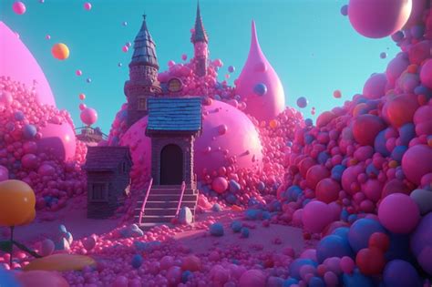 Premium AI Image | A pink castle with a small house in the middle of it