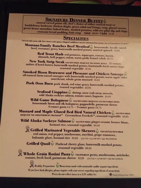 Menu at Old Faithful Inn Dining Room restaurant, USA, Old Faithful Rd